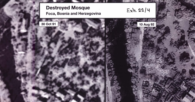 x4. Satellite photographs of the Aladža Mosque from 31 October 1991 and 10 August 1992. In the 1991 image the dome of the Aladža and its minaret are clearly visible; the image from August 1992 shows the same site as an empty space. Prosecution evidence 