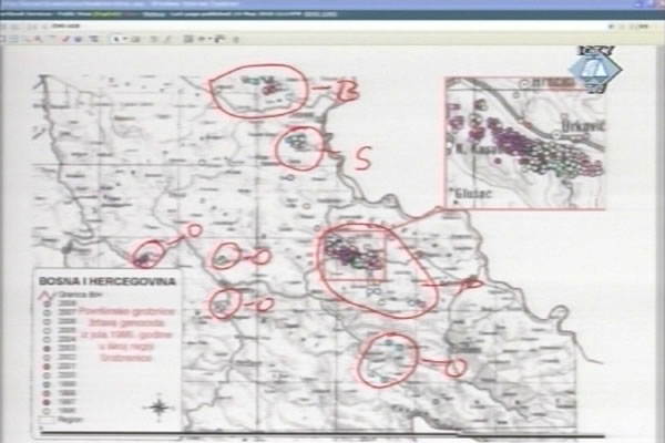 Map marking all the graves identified in the Srebrenica area and one grave containing victims of a crime in Zepa